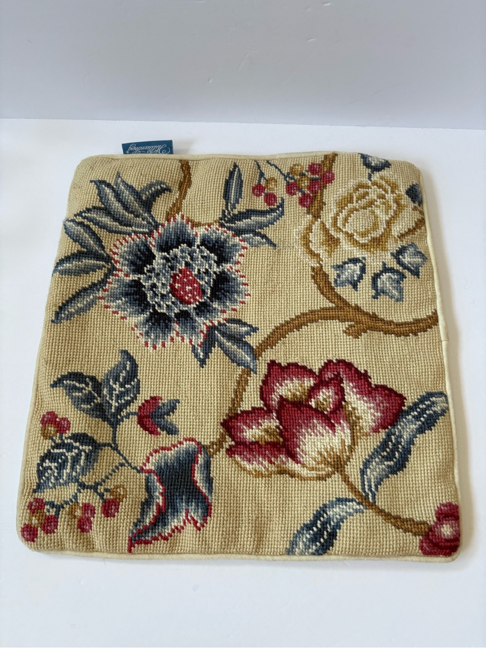 Williamsburg Tan Blue Pink Wool Floral Needlepoint Velvet Back Pillow 14*14 Boho